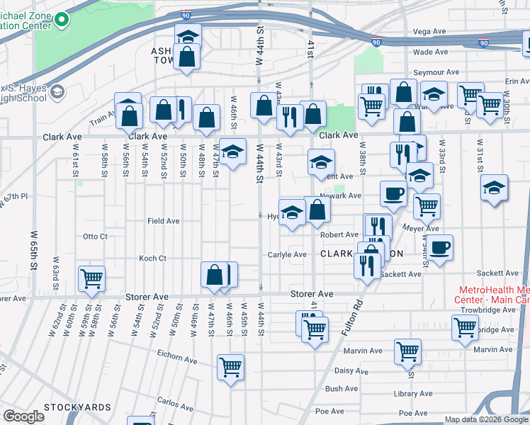 map of restaurants, bars, coffee shops, grocery stores, and more near 3234 West 43rd Street in Cleveland