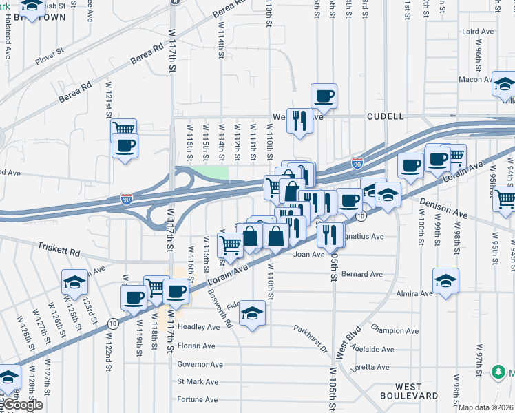map of restaurants, bars, coffee shops, grocery stores, and more near 3171 West 111th Street in Cleveland