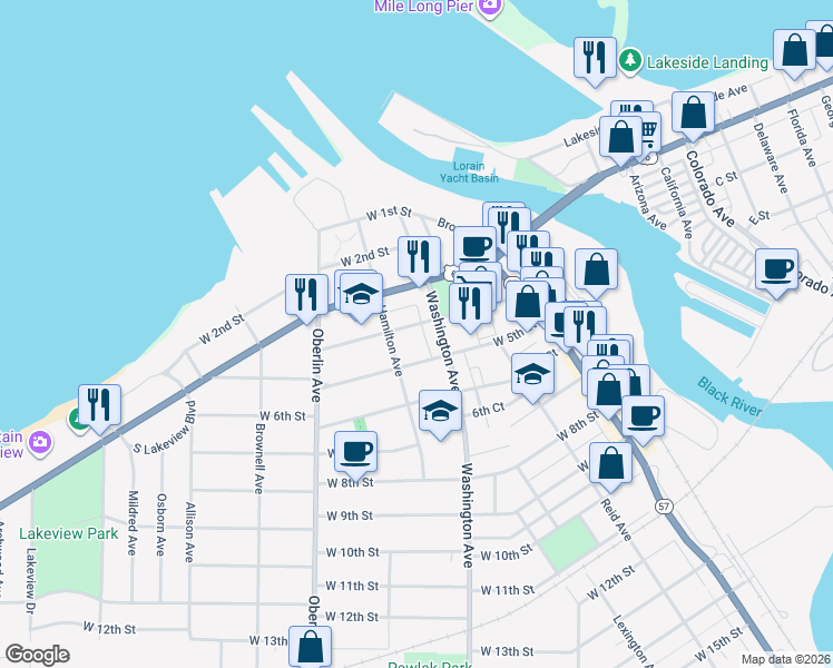 map of restaurants, bars, coffee shops, grocery stores, and more near 436 Washington Avenue in Lorain