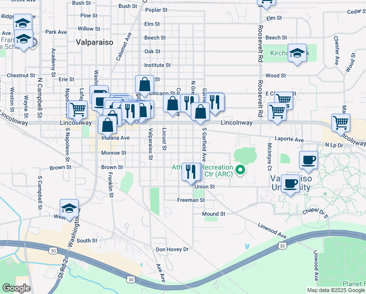 map of restaurants, bars, coffee shops, grocery stores, and more near 158 College Avenue in Valparaiso