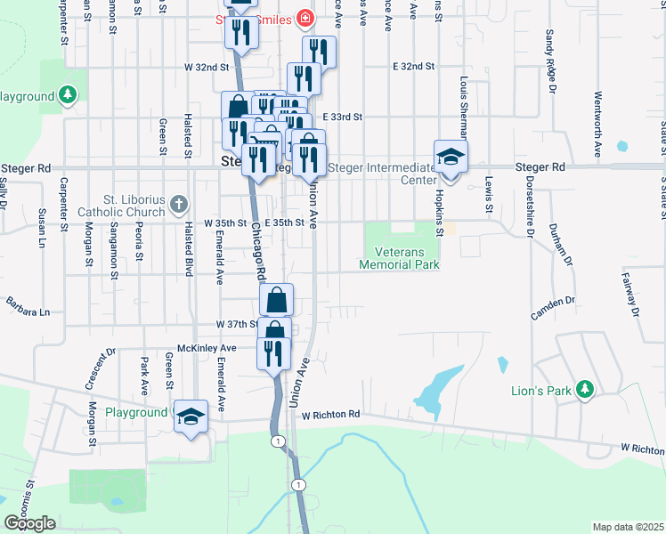 map of restaurants, bars, coffee shops, grocery stores, and more near 3601 Wallace Avenue in Steger