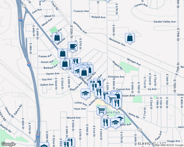 map of restaurants, bars, coffee shops, grocery stores, and more near 5949 Engel Avenue in Cleveland