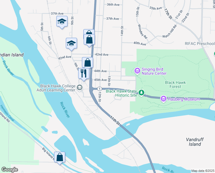 map of restaurants, bars, coffee shops, grocery stores, and more near 4540 13th Street in Rock Island