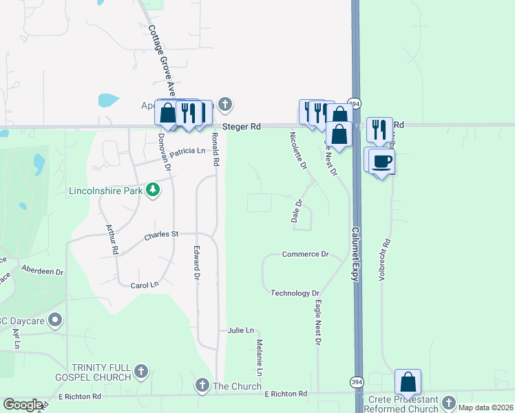 map of restaurants, bars, coffee shops, grocery stores, and more near 1173 Robert Lane in Crete