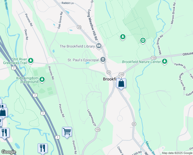 map of restaurants, bars, coffee shops, grocery stores, and more near 99 Brooks Lane in Brookfield