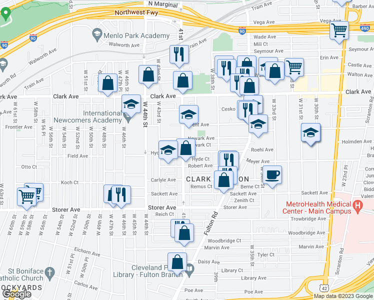 map of restaurants, bars, coffee shops, grocery stores, and more near 3920 Hyde Avenue in Cleveland