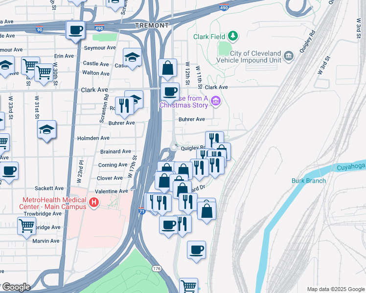 map of restaurants, bars, coffee shops, grocery stores, and more near 3239 West 14th Street in Cleveland