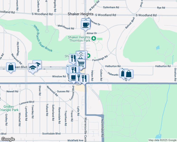 map of restaurants, bars, coffee shops, grocery stores, and more near 3425 Warrensville Center Road in Shaker Heights