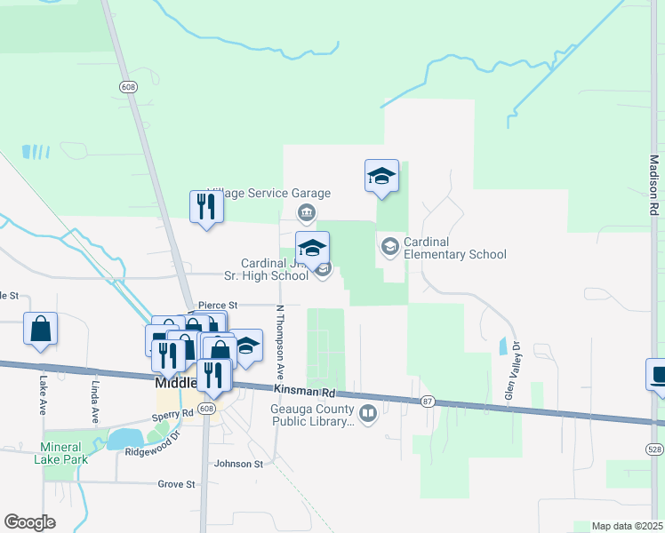 map of restaurants, bars, coffee shops, grocery stores, and more near 14785 North Thompson Avenue in Middlefield
