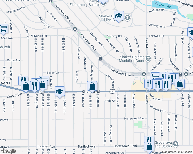 map of restaurants, bars, coffee shops, grocery stores, and more near 3435 Ashby Road in Shaker Heights