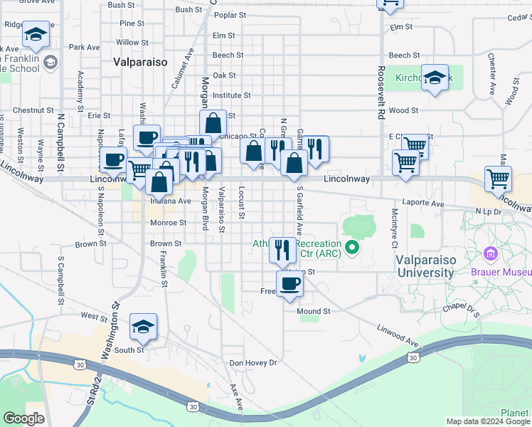 map of restaurants, bars, coffee shops, grocery stores, and more near 155 College Avenue in Valparaiso