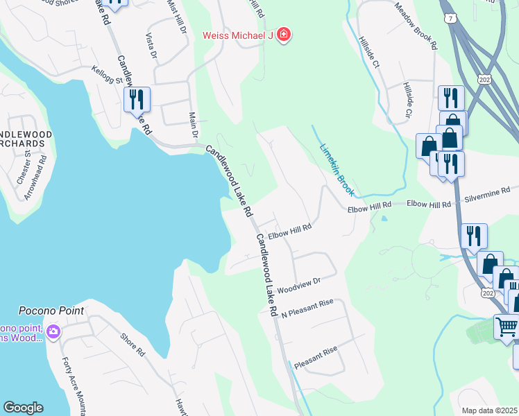 map of restaurants, bars, coffee shops, grocery stores, and more near 213 Candlewood Lake Rd in Brookfield