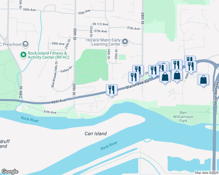 map of restaurants, bars, coffee shops, grocery stores, and more near 3401-3599 Blackhawk Road in Rock Island