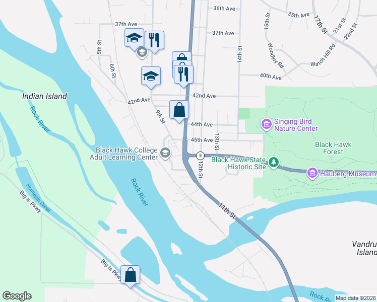 map of restaurants, bars, coffee shops, grocery stores, and more near 4529 11th Street in Rock Island