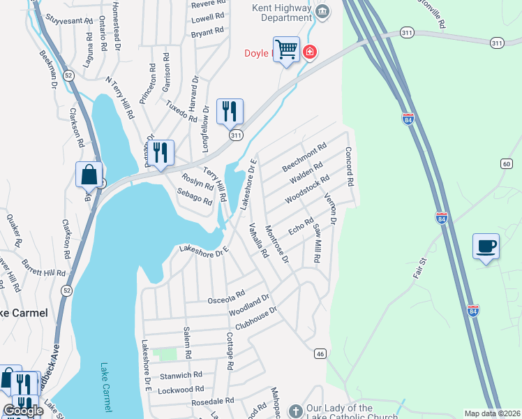 map of restaurants, bars, coffee shops, grocery stores, and more near 87 Montrose Drive in Carmel Hamlet