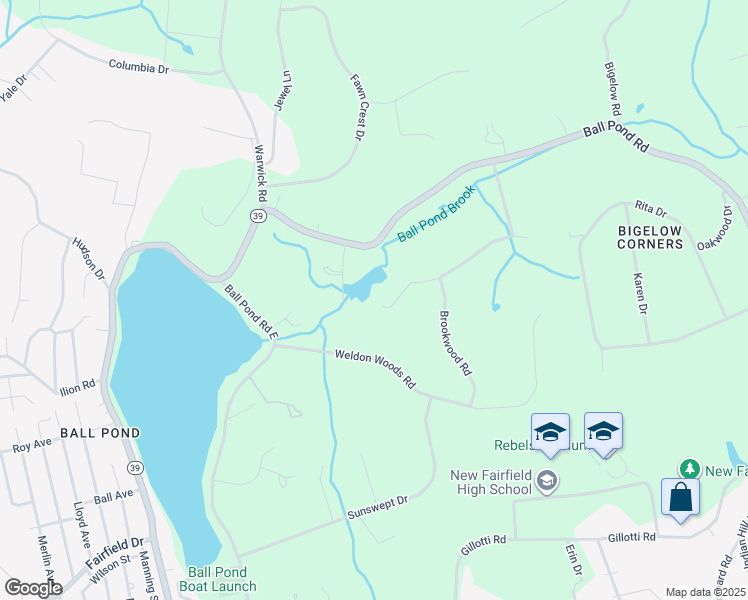map of restaurants, bars, coffee shops, grocery stores, and more near 25 Meadowbrook Road in New Fairfield