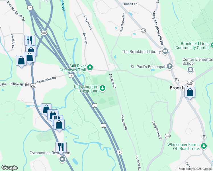 map of restaurants, bars, coffee shops, grocery stores, and more near 100 Pocono Road in Brookfield