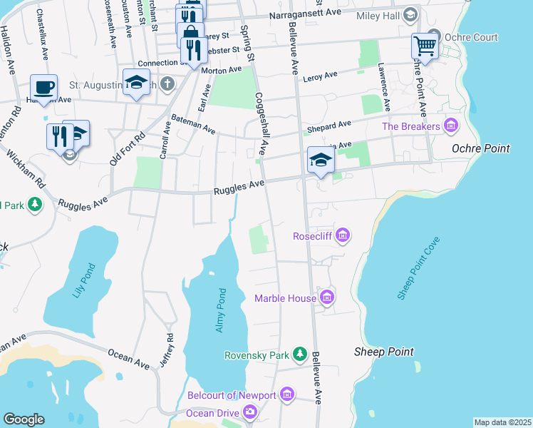 map of restaurants, bars, coffee shops, grocery stores, and more near 103 Coggeshall Avenue in Newport