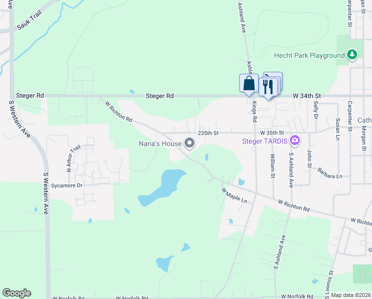 map of restaurants, bars, coffee shops, grocery stores, and more near 1850 West Richton Road in Steger
