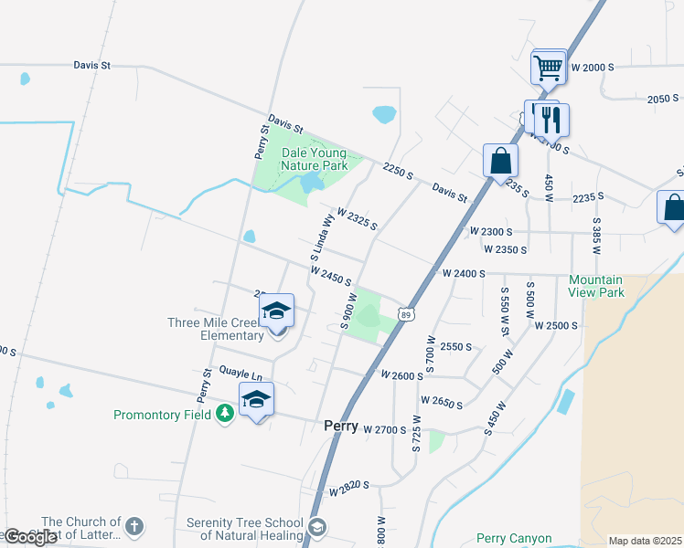 map of restaurants, bars, coffee shops, grocery stores, and more near 972 West 2450 South in Perry