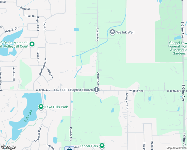map of restaurants, bars, coffee shops, grocery stores, and more near 8224-8498 Austin Avenue in Schererville