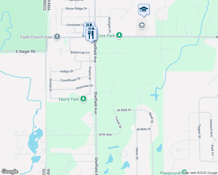map of restaurants, bars, coffee shops, grocery stores, and more near in Dyer