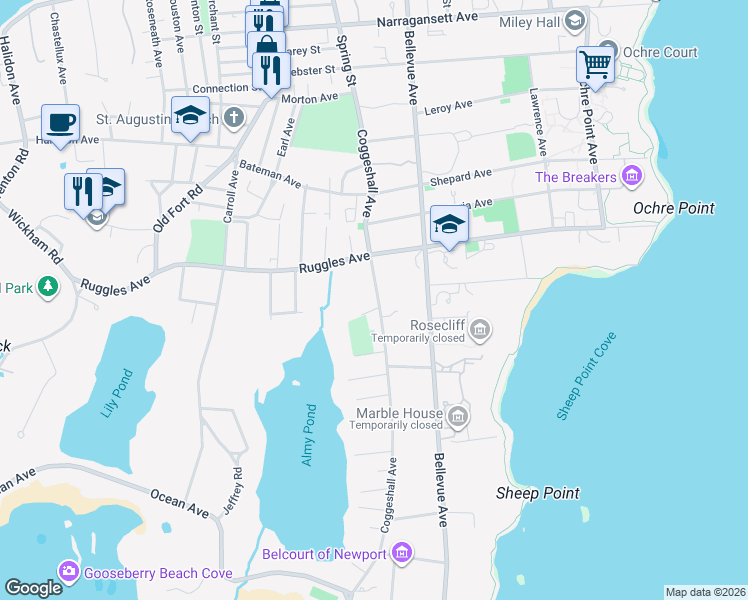 map of restaurants, bars, coffee shops, grocery stores, and more near 103 Coggeshall Avenue in Newport