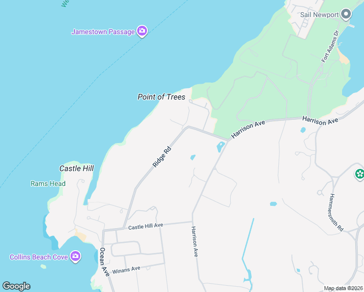 map of restaurants, bars, coffee shops, grocery stores, and more near 41 Ridge Road in Newport