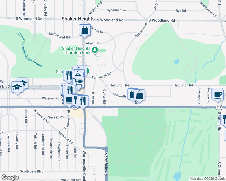 map of restaurants, bars, coffee shops, grocery stores, and more near 20950 Halworth Road in Shaker Heights