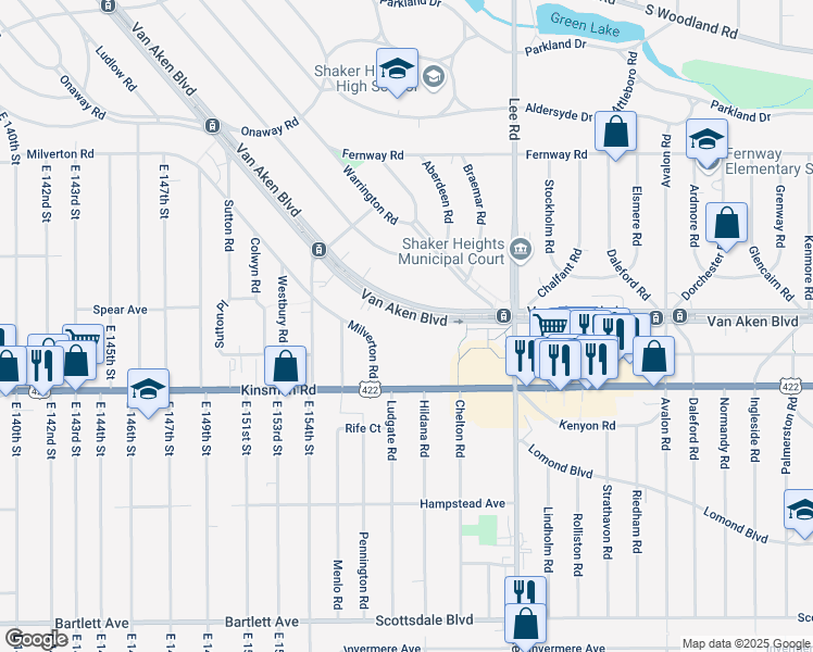 map of restaurants, bars, coffee shops, grocery stores, and more near 3447 Milverton Road in Shaker Heights