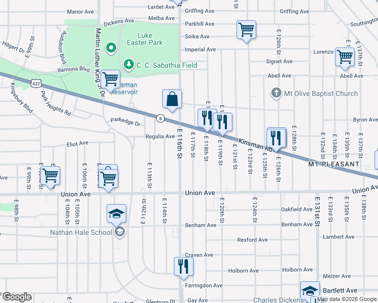 map of restaurants, bars, coffee shops, grocery stores, and more near 3407 East 117th Street in Cleveland