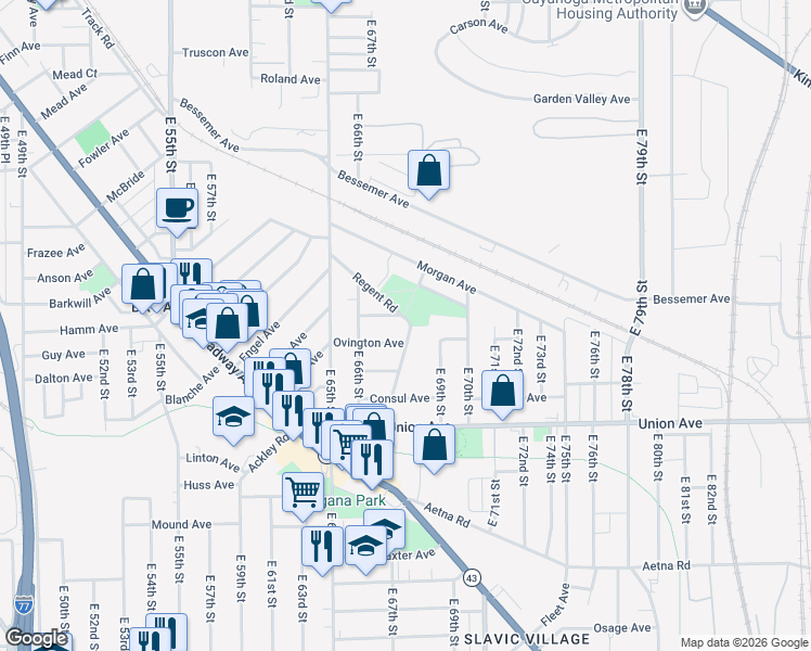 map of restaurants, bars, coffee shops, grocery stores, and more near 3386 Regent Road in Cleveland