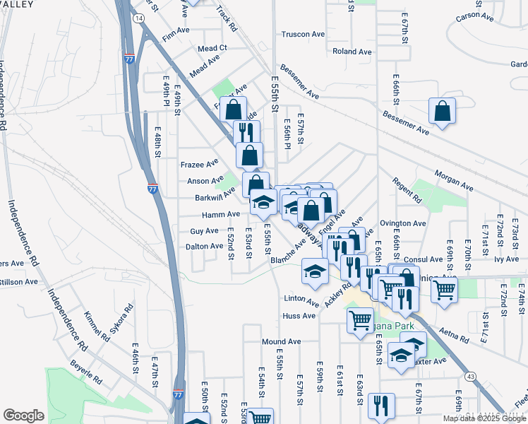 map of restaurants, bars, coffee shops, grocery stores, and more near 3395 East 55th Street in Cleveland