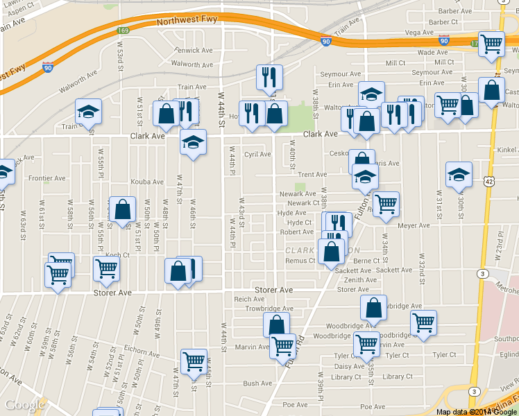 map of restaurants, bars, coffee shops, grocery stores, and more near 4131 Hyde Avenue in Cleveland