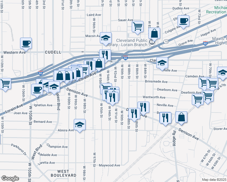 map of restaurants, bars, coffee shops, grocery stores, and more near 3220 West 92nd Street in Cleveland