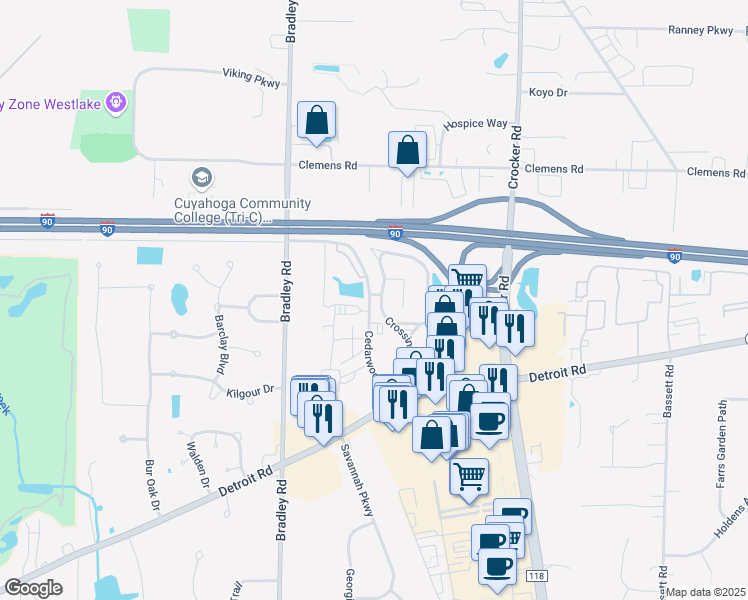 map of restaurants, bars, coffee shops, grocery stores, and more near 1544 Cedarwood Drive in Westlake