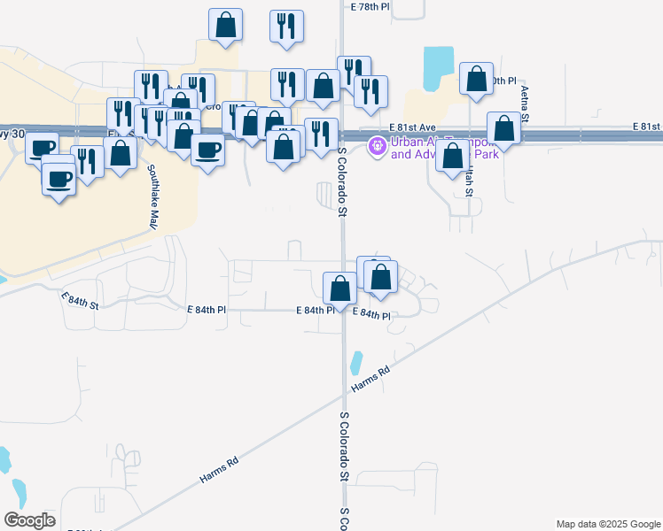 map of restaurants, bars, coffee shops, grocery stores, and more near 8401-8463 S Colorado St in Merrillville