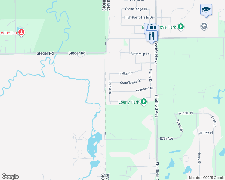map of restaurants, bars, coffee shops, grocery stores, and more near 3627 Orchid Drive in Dyer