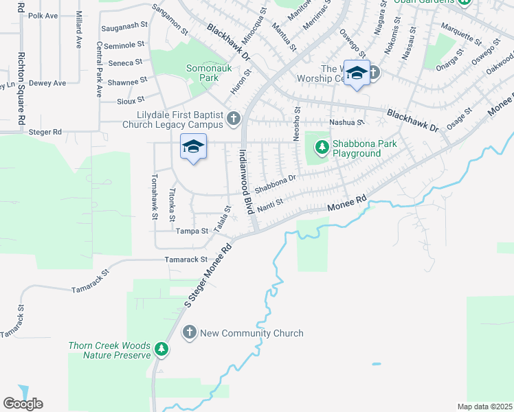 map of restaurants, bars, coffee shops, grocery stores, and more near 195 Nanti Street in Park Forest