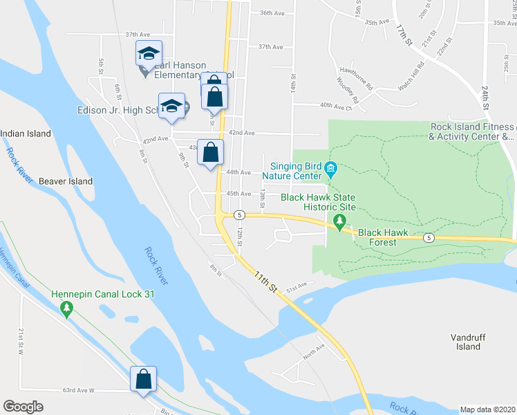 map of restaurants, bars, coffee shops, grocery stores, and more near 1211 46th Avenue in Rock Island