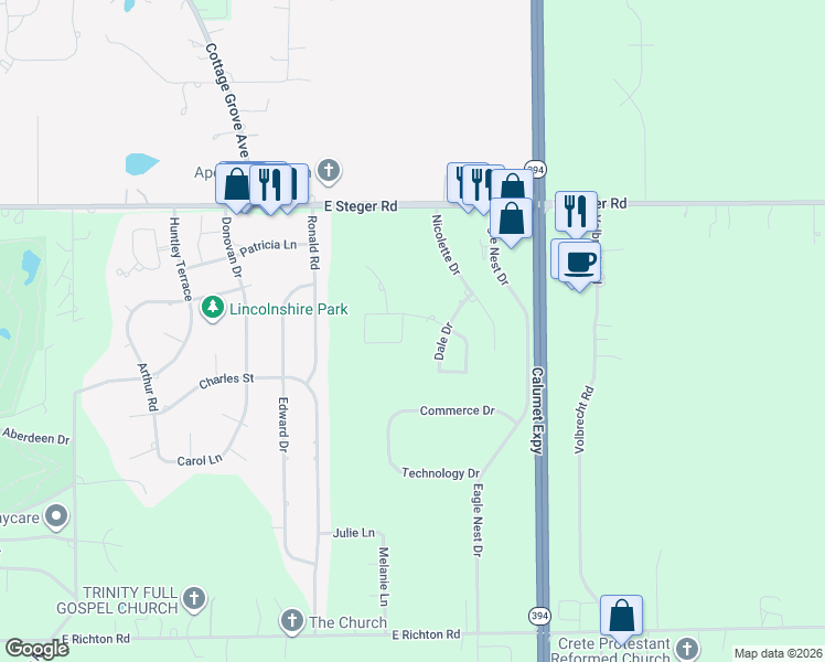 map of restaurants, bars, coffee shops, grocery stores, and more near 3513 Lyle Lane in Crete
