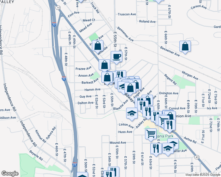map of restaurants, bars, coffee shops, grocery stores, and more near 3398 East 55th Street in Cleveland