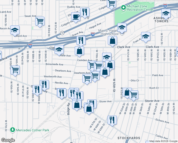 map of restaurants, bars, coffee shops, grocery stores, and more near 7115 Dearborn Avenue in Cleveland