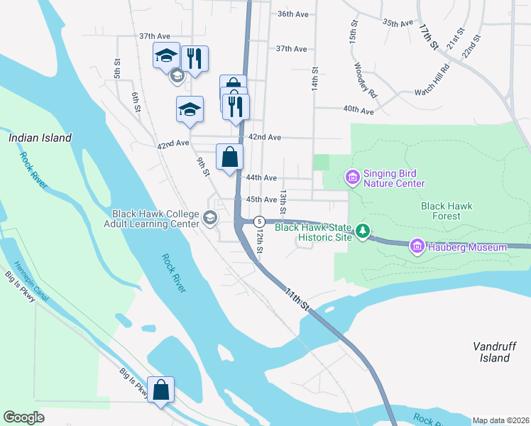 map of restaurants, bars, coffee shops, grocery stores, and more near 4519 12th Street in Rock Island