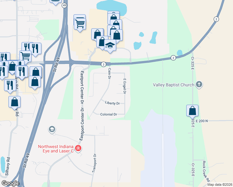 map of restaurants, bars, coffee shops, grocery stores, and more near 3901 W New England St in Valparaiso