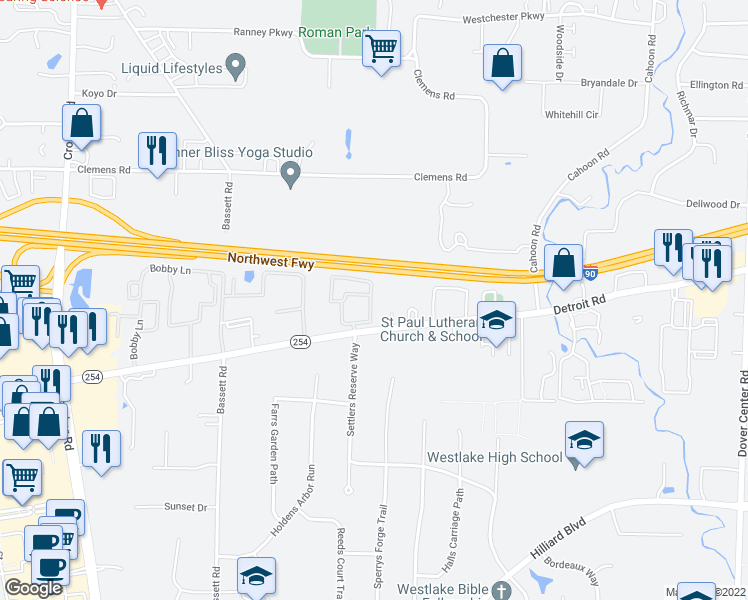 map of restaurants, bars, coffee shops, grocery stores, and more near 1343 Weymouth Circle in Westlake
