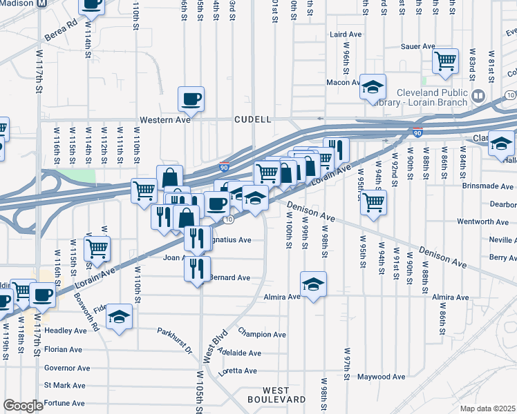 map of restaurants, bars, coffee shops, grocery stores, and more near 10205 Lorain Avenue in Cleveland