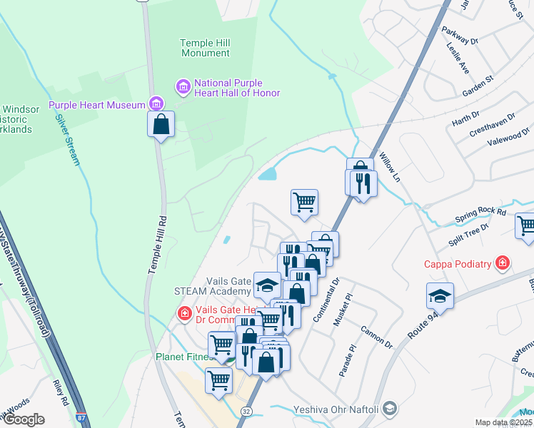 map of restaurants, bars, coffee shops, grocery stores, and more near 1123 Washington Green in New Windsor