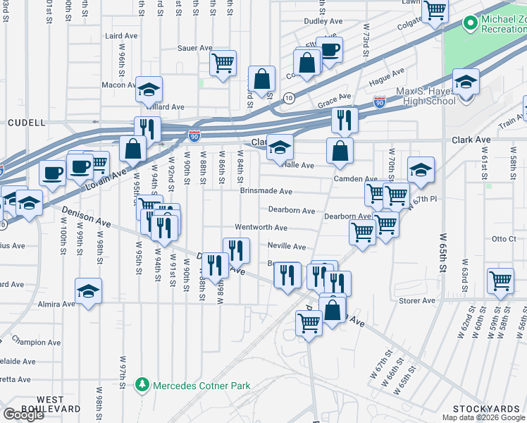 map of restaurants, bars, coffee shops, grocery stores, and more near 3227 West 82nd Street in Cleveland