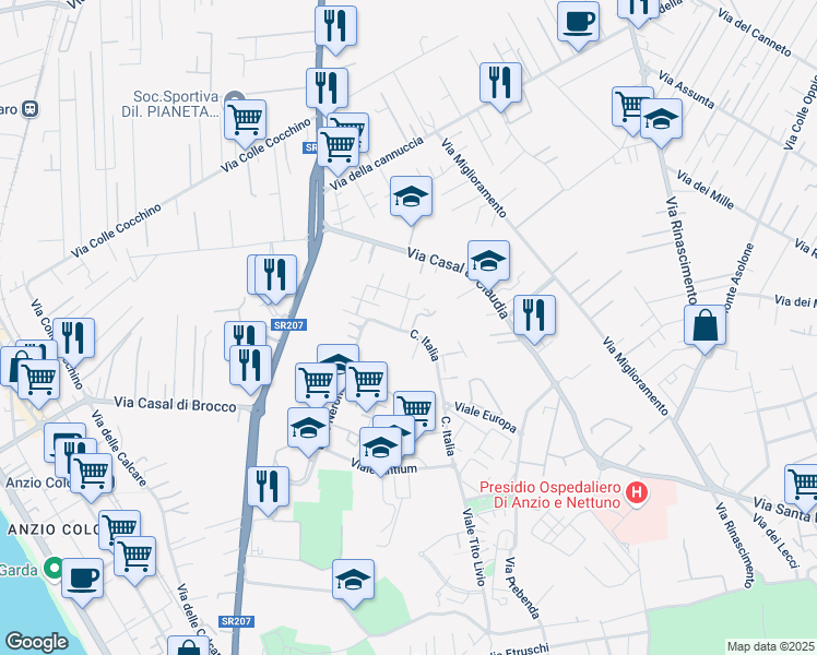 map of restaurants, bars, coffee shops, grocery stores, and more near 145B Corso Italia in Anzio